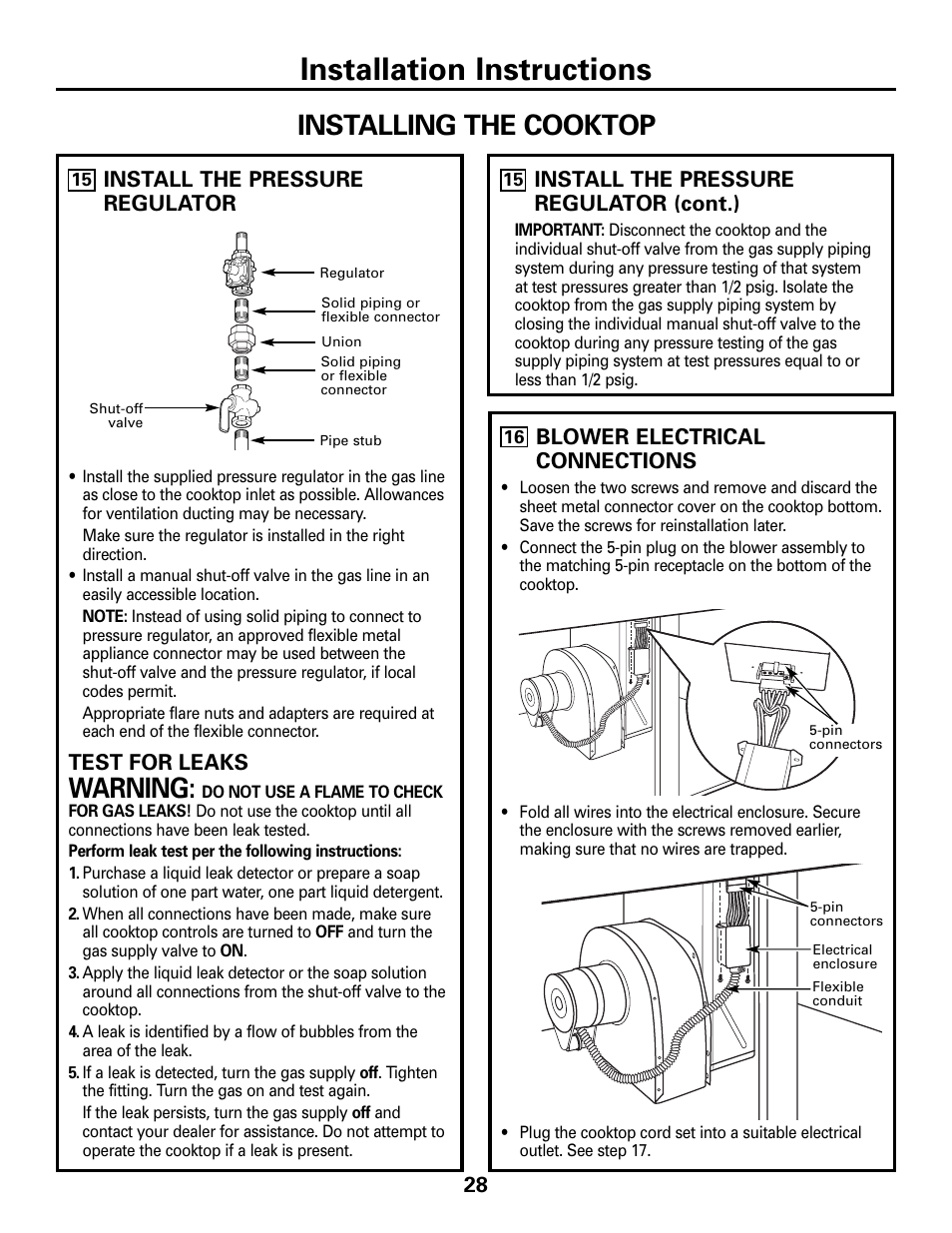 Installation instructions, Installing the cooktop, Warning | GE 49-80388 12-05 JR User Manual | Page 28 / 72