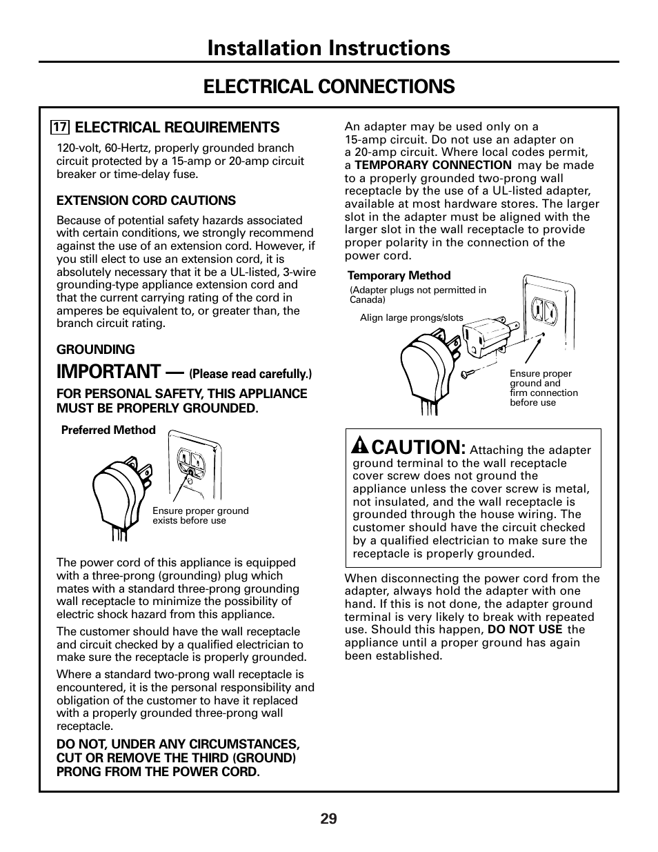 Installation instructions, Electrical connections, Important | Caution | GE 49-80388 12-05 JR User Manual | Page 29 / 72