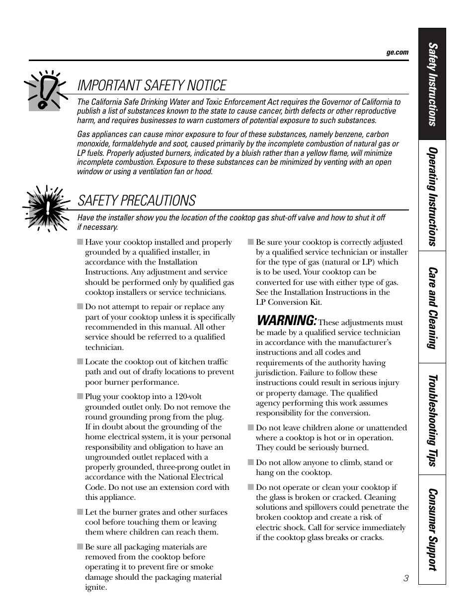 Important safety notice, Safety precautions, Warning | GE 49-80388 12-05 JR User Manual | Page 3 / 72