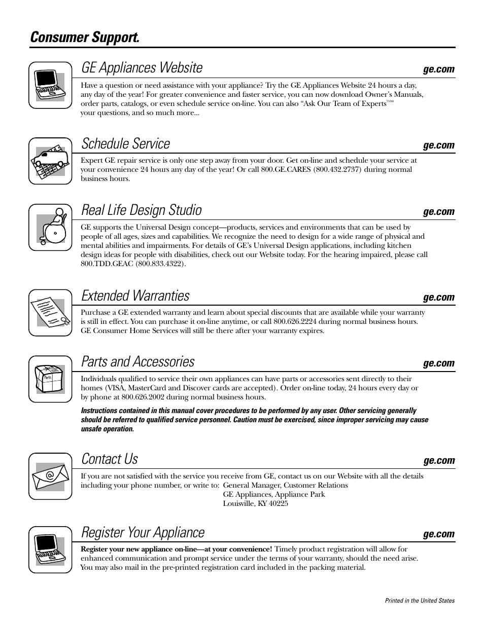 Consumer support, Consumer support. ge appliances website, Schedule service | Real life design studio, Extended warranties, Parts and accessories, Contact us, Register your appliance | GE 49-80388 12-05 JR User Manual | Page 36 / 72