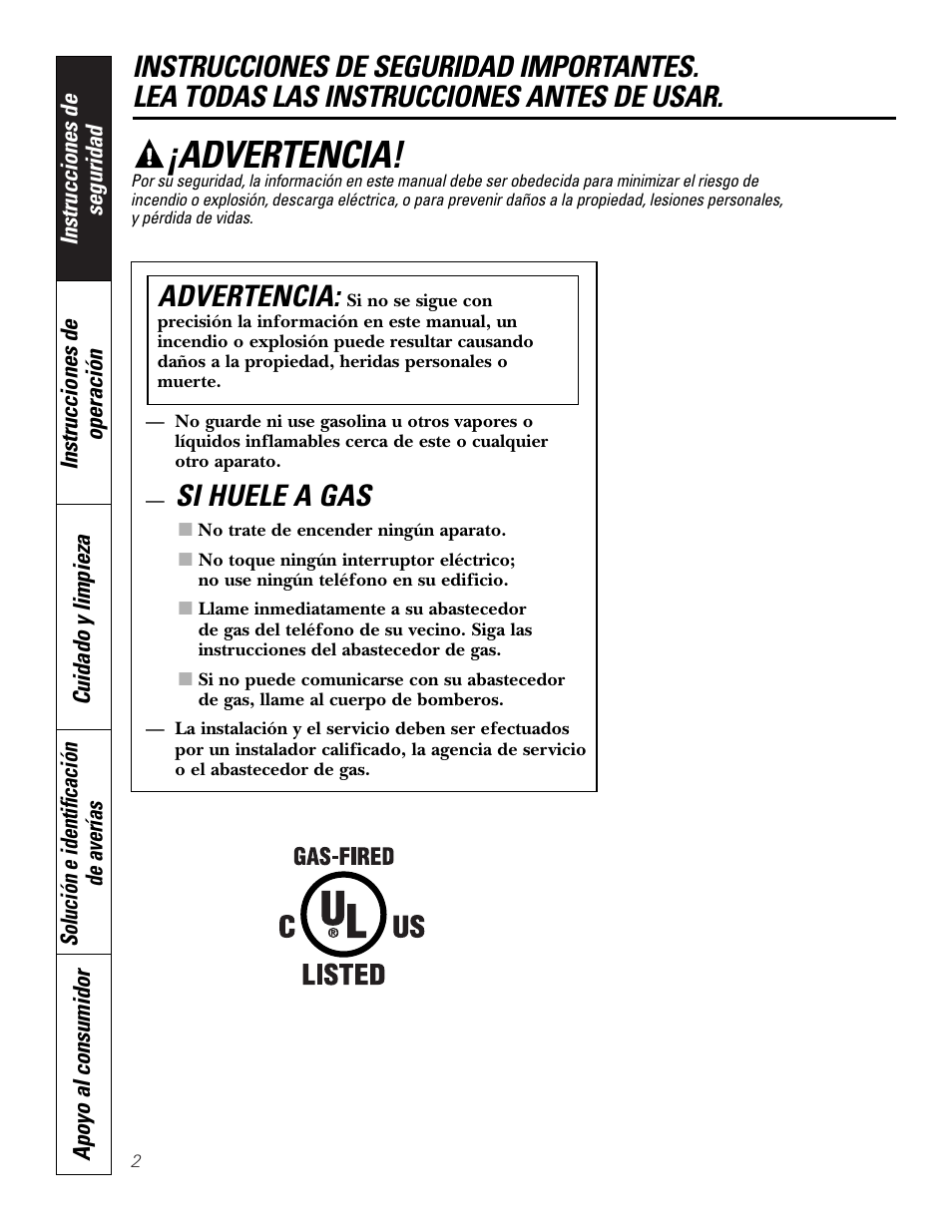 Instrucciones de seguridad, Advertencia, Si huele a gas | GE 49-80388 12-05 JR User Manual | Page 38 / 72