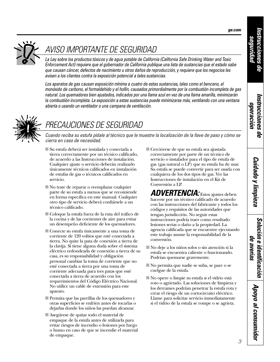 Precauciones de seguridad, Aviso importante de seguridad, Advertencia | GE 49-80388 12-05 JR User Manual | Page 39 / 72