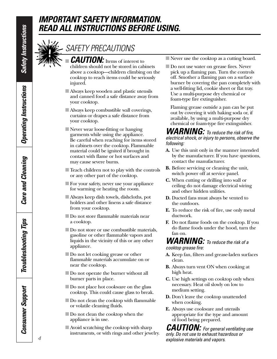 Caution, Warning, Safety precautions | GE 49-80388 12-05 JR User Manual | Page 4 / 72