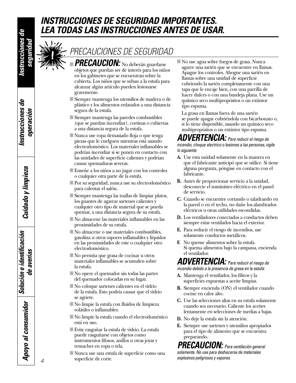 Precaucion, Advertencia | GE 49-80388 12-05 JR User Manual | Page 40 / 72