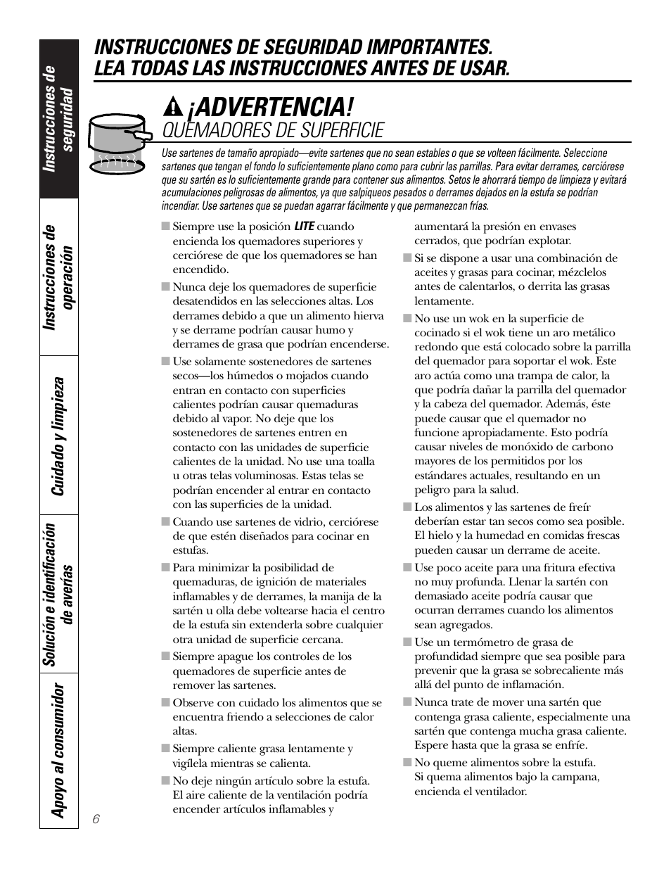 Advertencia, Quemadores de superficie | GE 49-80388 12-05 JR User Manual | Page 42 / 72