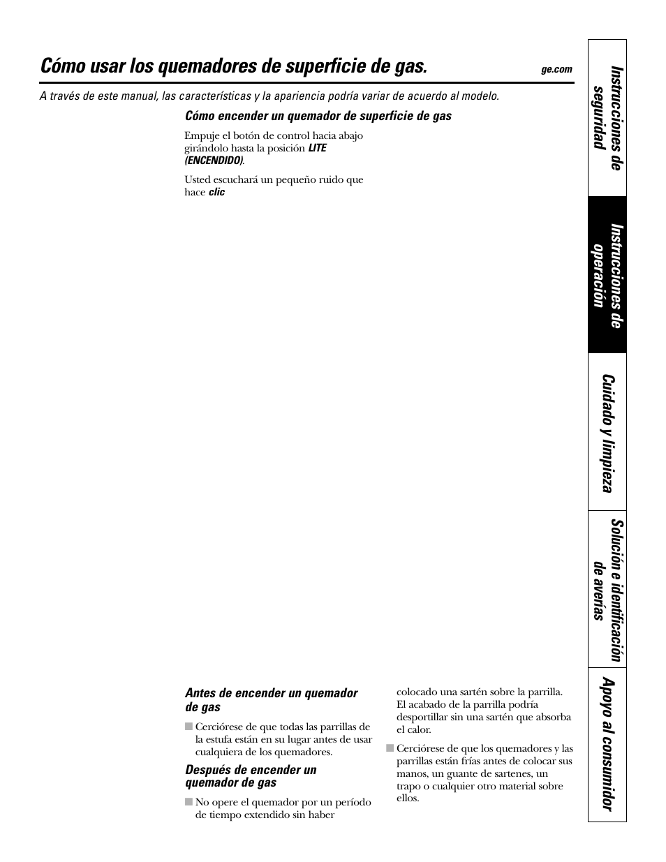 Quemadors à gas, Cómo usar los quemadores de superficie de gas | GE 49-80388 12-05 JR User Manual | Page 45 / 72