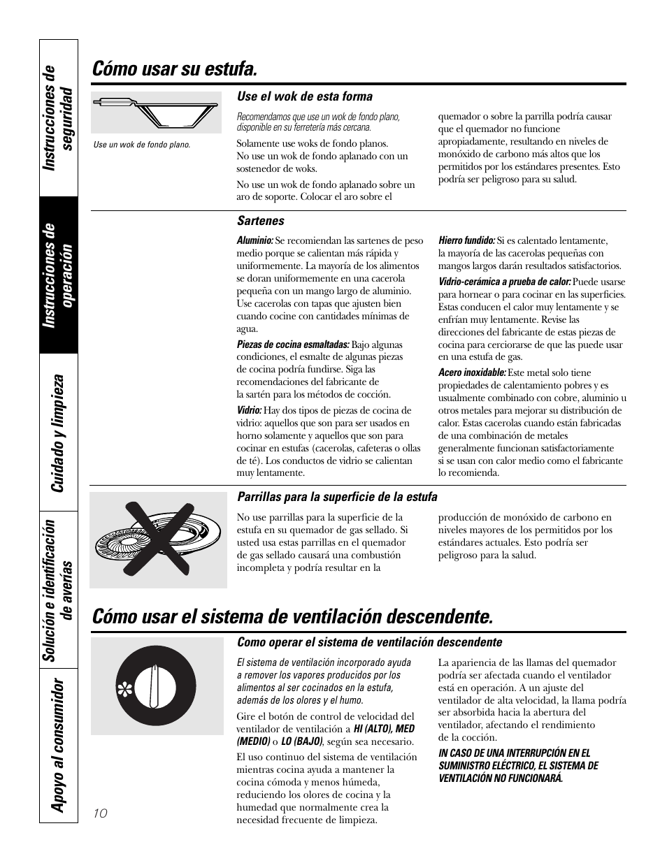 Cómo usar la estufa, Sistema de ventilación de la estufa, Cómo usar su estufa | Cómo usar el sistema de ventilación descendente | GE 49-80388 12-05 JR User Manual | Page 46 / 72