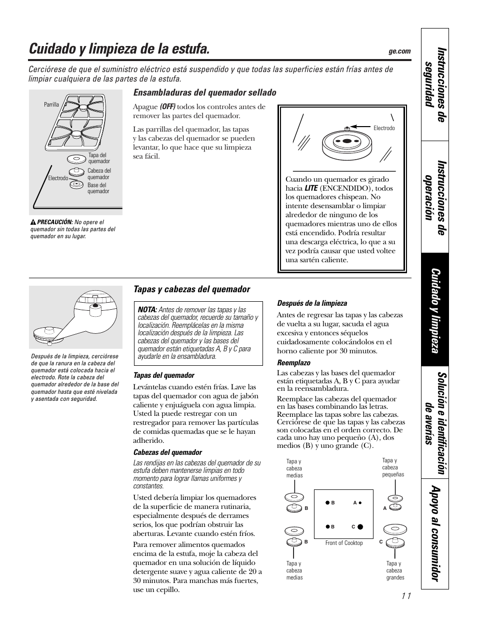 Cuidado y limpieza, Ensambladuras del quemador sellado, Tapas y cabezas del quemador | Cuidado y limpieza de la estufa | GE 49-80388 12-05 JR User Manual | Page 47 / 72