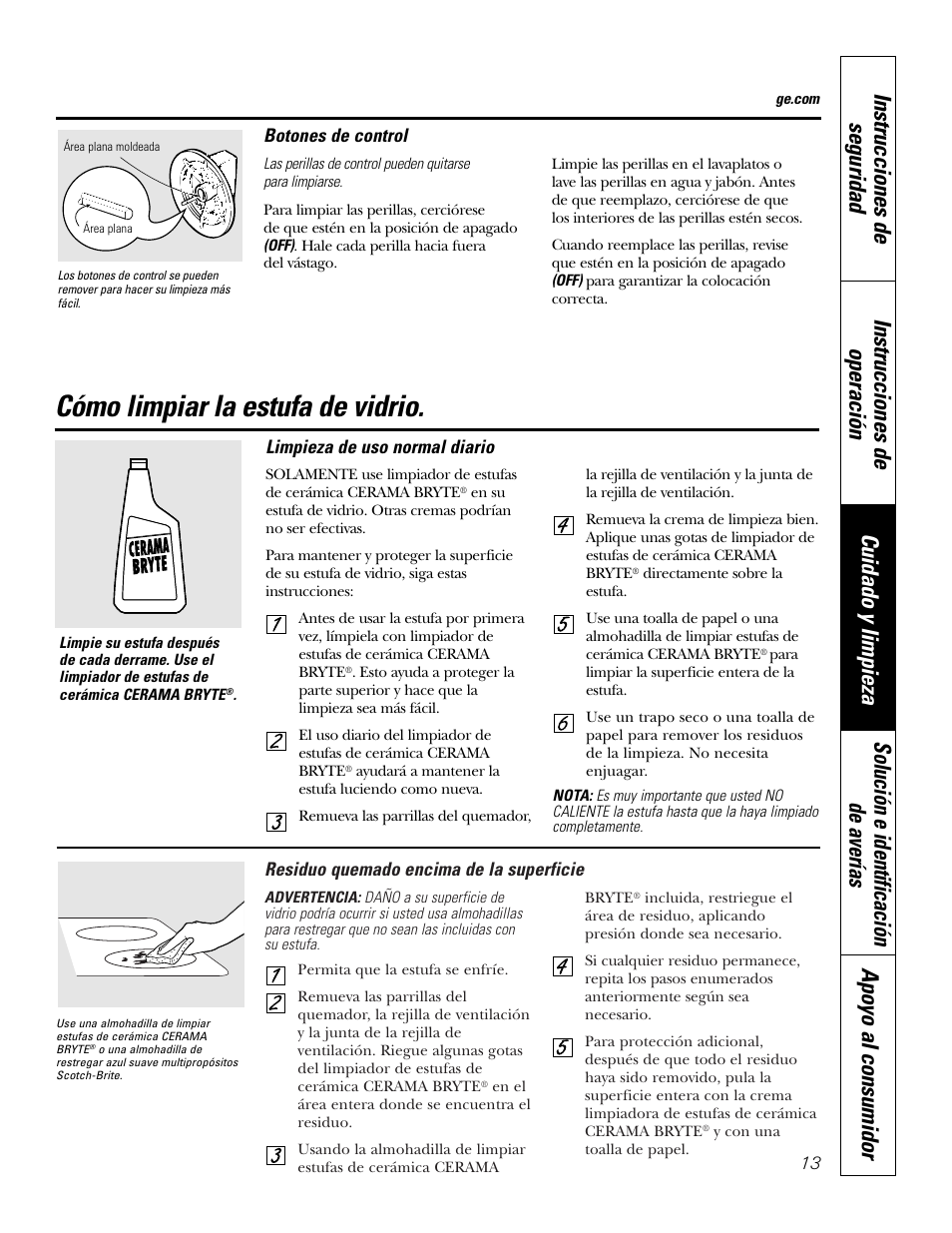 Botones de control, Superficie de vidrio, Superficie de vidrio , 14 | Cómo limpiar la estufa de vidrio | GE 49-80388 12-05 JR User Manual | Page 49 / 72