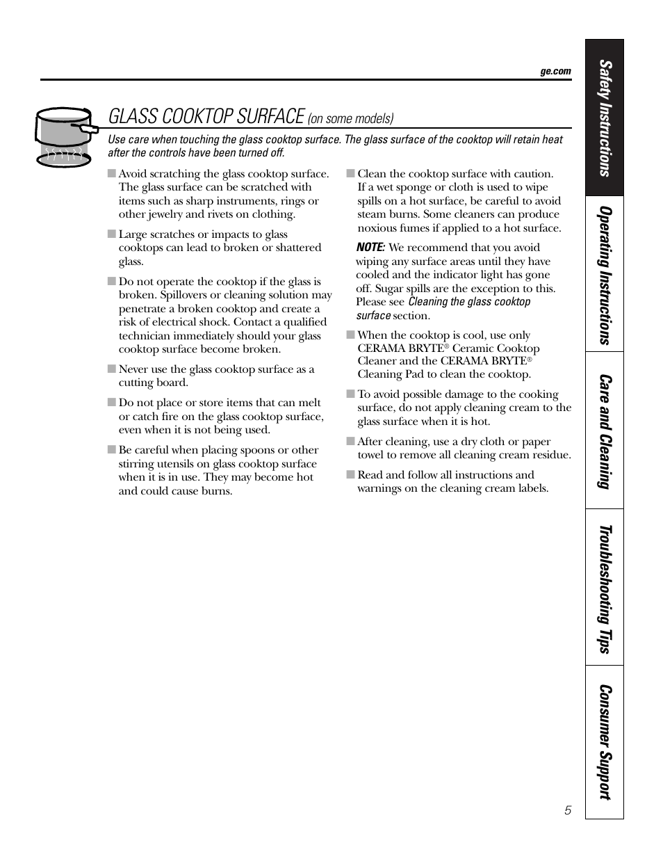 Glass cooktop surface | GE 49-80388 12-05 JR User Manual | Page 5 / 72