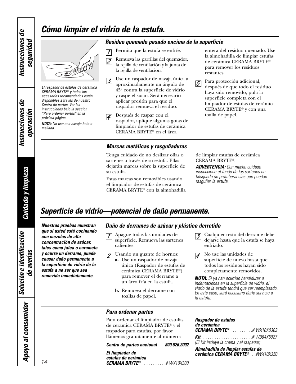 Cómo limpiar el vidrio de la estufa, Superficie de vidrio—potencial de daño permanente | GE 49-80388 12-05 JR User Manual | Page 50 / 72