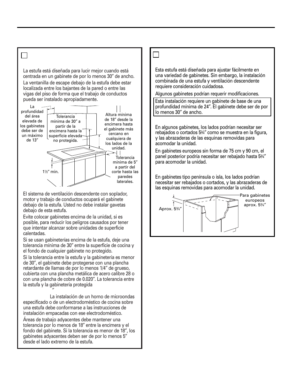 Instrucciones de instalación, Preparación del gabinete, Preparación para la instalación | Preparación del gabinete de la base | GE 49-80388 12-05 JR User Manual | Page 54 / 72