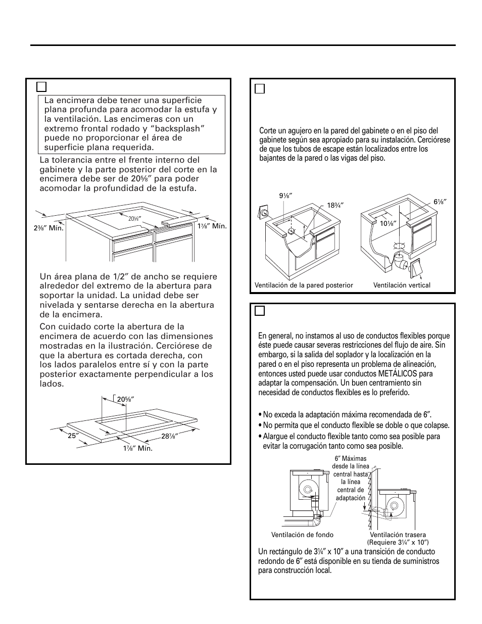 Red de conductos, Instrucciones de instalación, Cortes de preparación del gabinete | Preparando la encimera, Preparaciones para los conductos, Alineación de los conductos del soplador | GE 49-80388 12-05 JR User Manual | Page 55 / 72