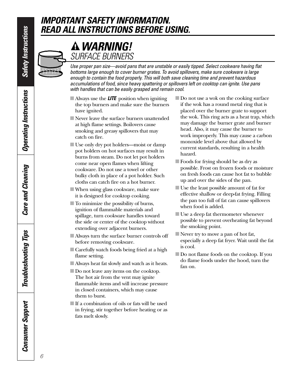 Warning, Surface burners | GE 49-80388 12-05 JR User Manual | Page 6 / 72