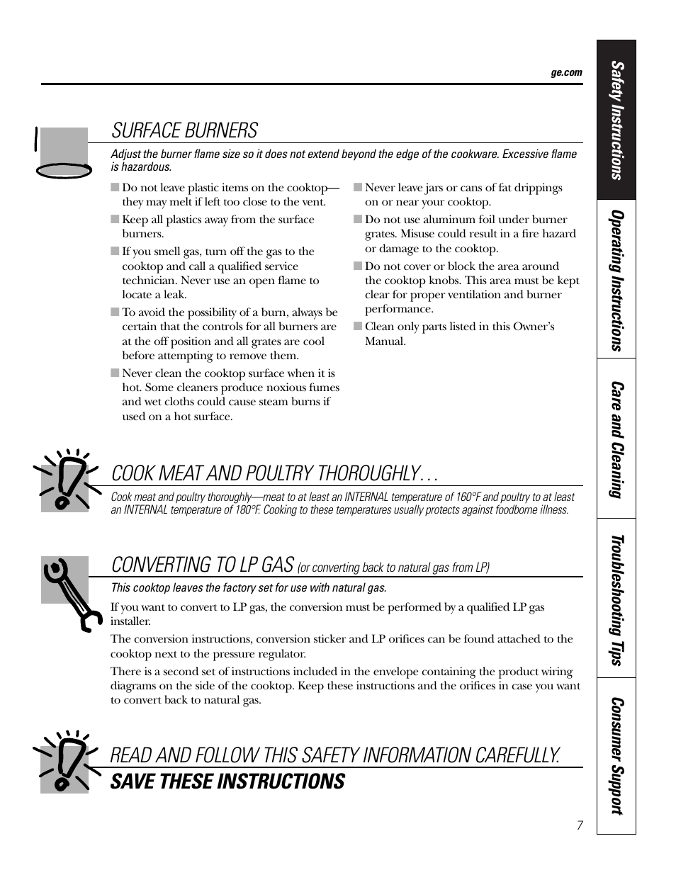 Converting to lp gas, Surface burners, Cook meat and poultry thoroughly | GE 49-80388 12-05 JR User Manual | Page 7 / 72