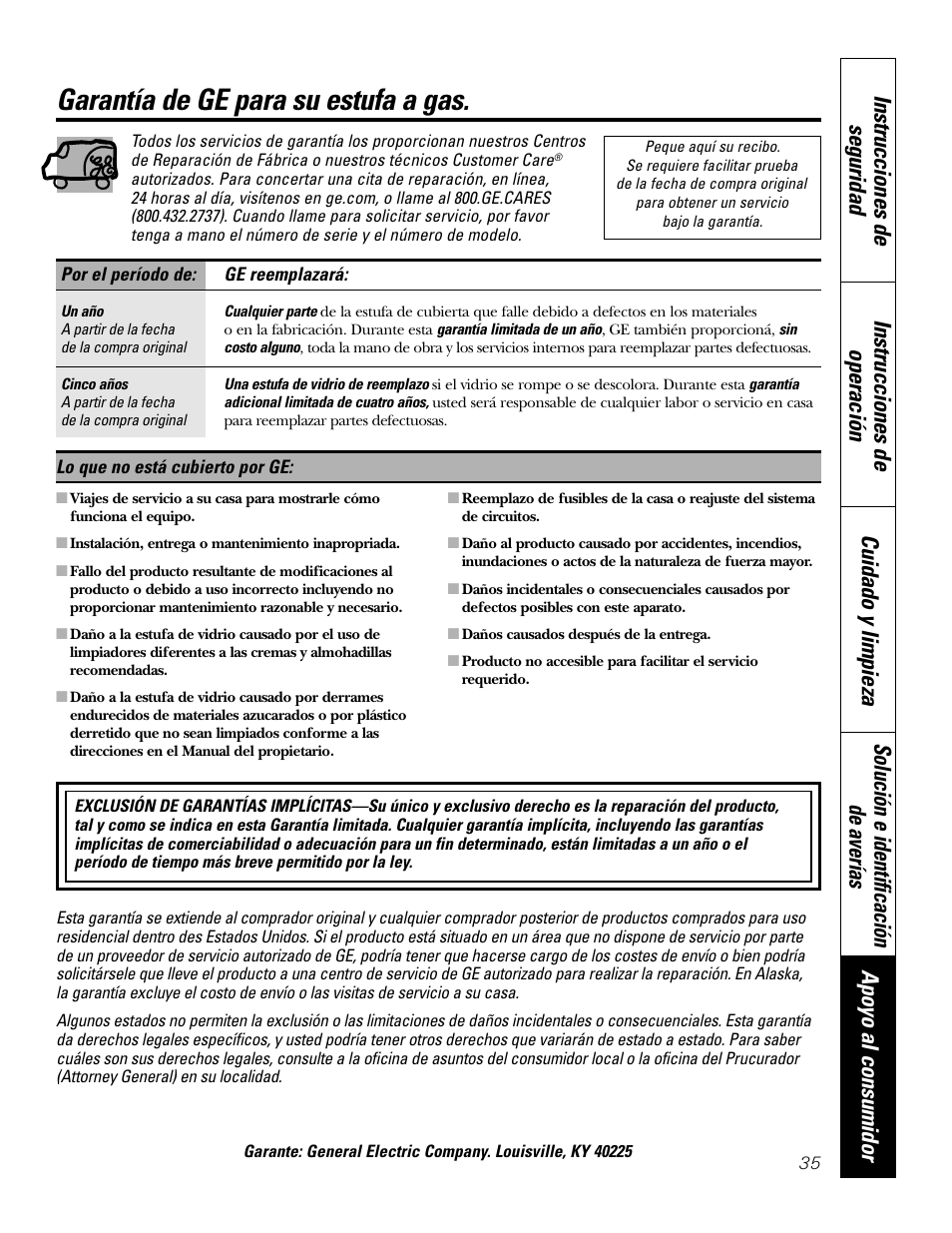 Apoyo al consumidor, Garantía, Garantía de ge para su estufa a gas | GE 49-80388 12-05 JR User Manual | Page 71 / 72