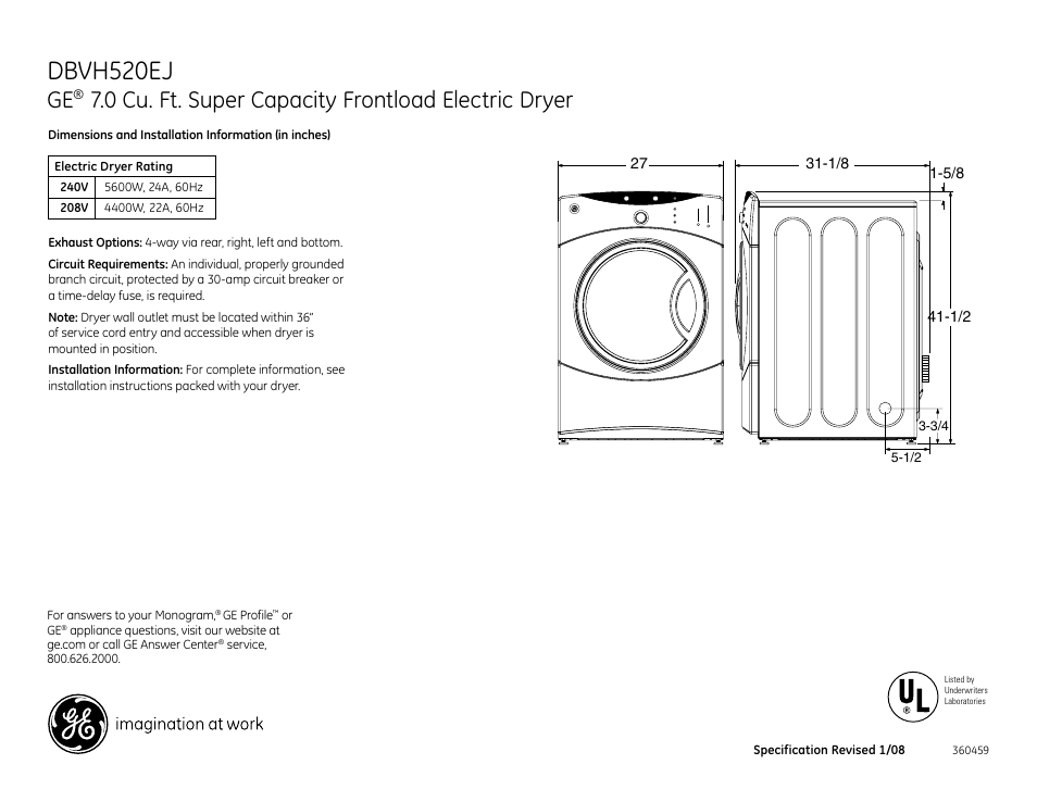 GE DBVH520EJ User Manual | 4 pages