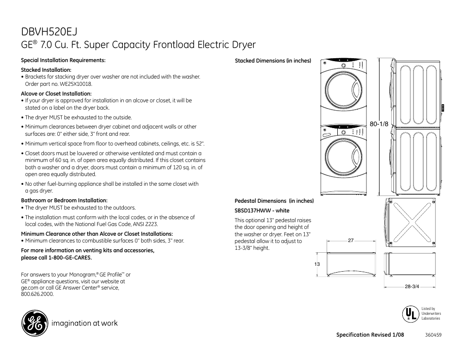 Dbvh520ej, 0 cu. ft. super capacity frontload electric dryer | GE DBVH520EJ User Manual | Page 2 / 4