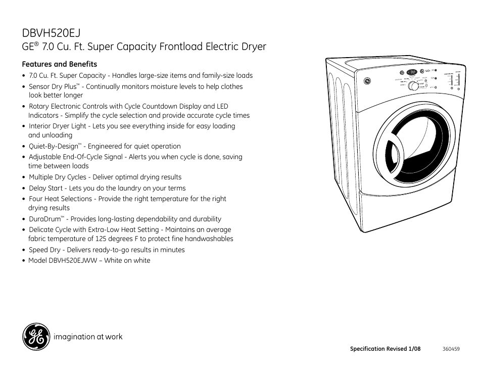 Dbvh520ej, 0 cu. ft. super capacity frontload electric dryer | GE DBVH520EJ User Manual | Page 4 / 4