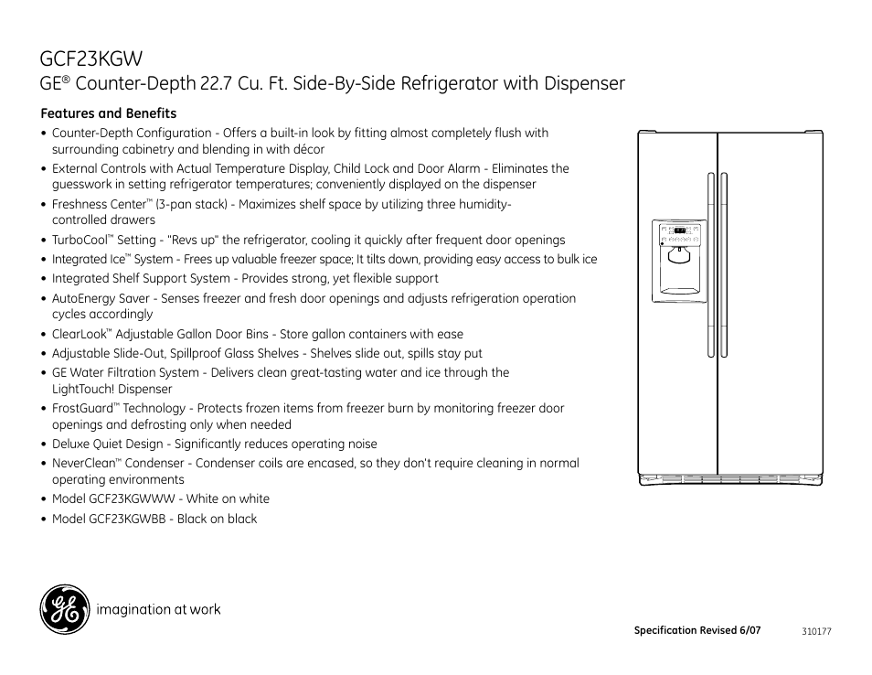 Gcf23kgw, Features and benefits, Imagination at work | GE GCF23KGW User Manual | Page 3 / 3