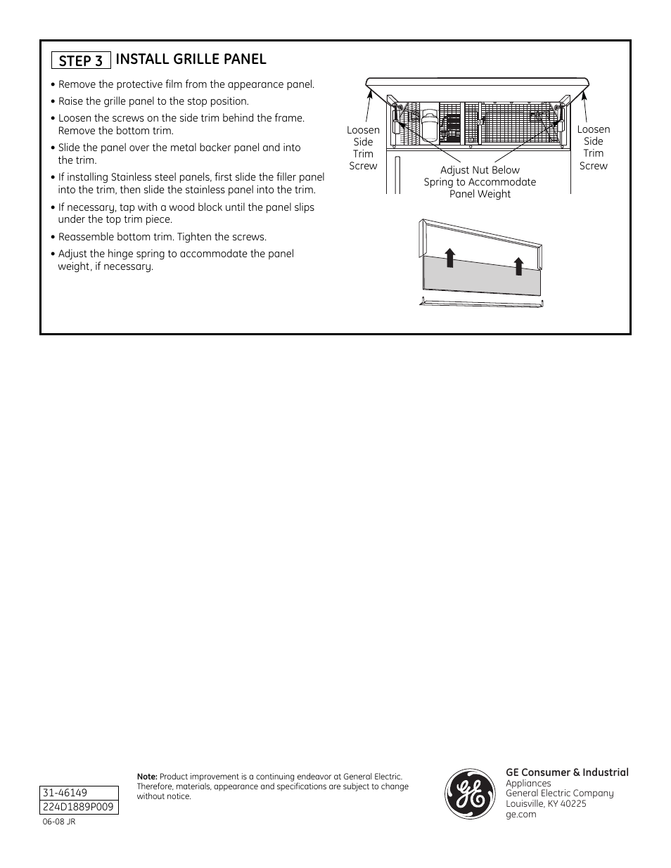 Install grille panel, Step 3 | GE ZPBS360 User Manual | Page 2 / 2