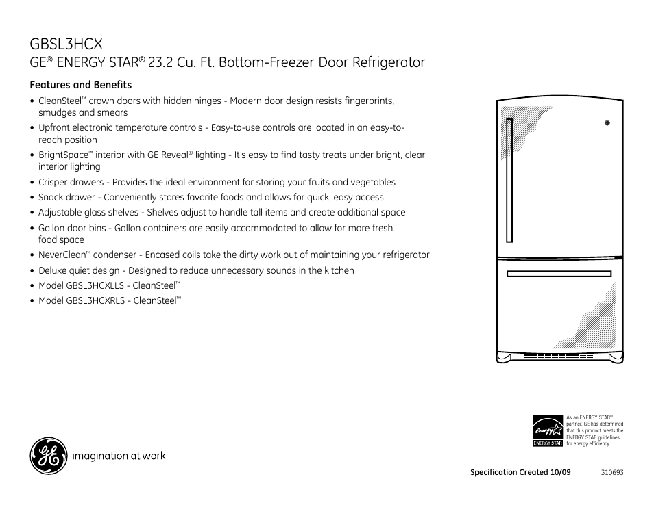 Gbsl3hcx, Energy star, 2 cu. ft. bottom-freezer door refrigerator | GE GBSL3HCXLLS User Manual | Page 2 / 2