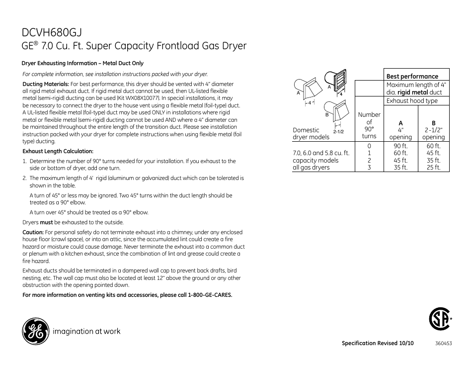 Dcvh680gj, 0 cu. ft. super capacity frontload gas dryer | GE DCVH680GJWW User Manual | Page 3 / 4