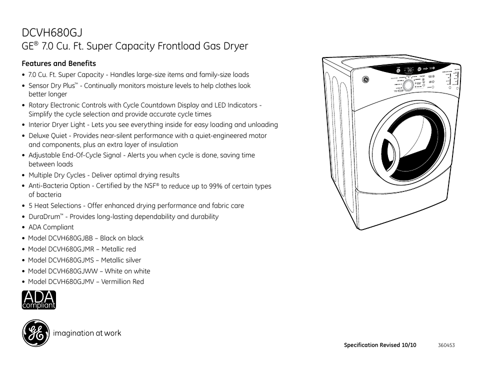 Dcvh680gj, 0 cu. ft. super capacity frontload gas dryer | GE DCVH680GJWW User Manual | Page 4 / 4