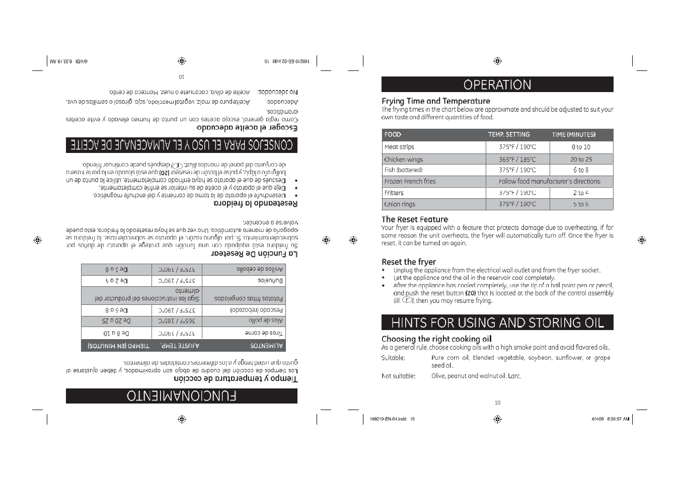 Hints for using and storing oil, Operation, Frying time and temperature | The reset feature, Reset the fryer, Choosing the right cooking oil | GE 68113169219 User Manual | Page 10 / 15