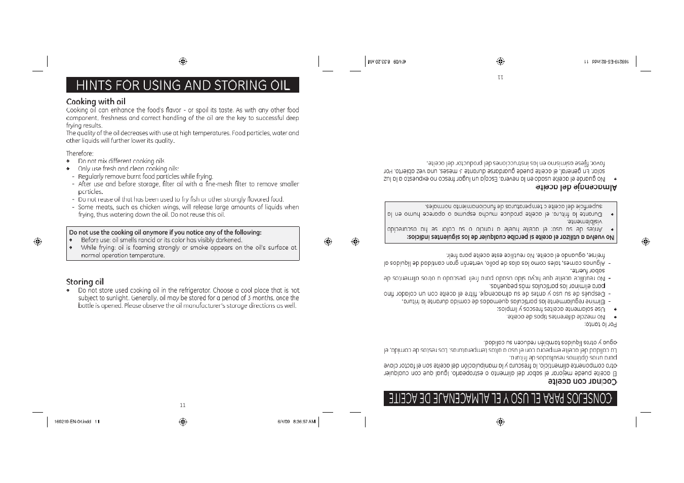 Hints for using and storing oil, Cooking with oil, Storing oil | GE 68113169219 User Manual | Page 11 / 15