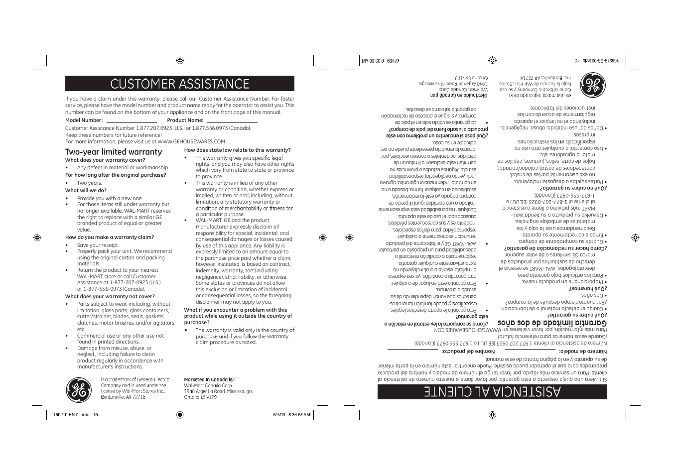 Customer assistance, Two-year limited warranty, Model number: ________________ product name | What does your warranty cover, For how long after the original purchase, What will we do, How do you make a warranty claim, What does your warranty not cover, How does state law relate to this warranty | GE 68113169219 User Manual | Page 15 / 15