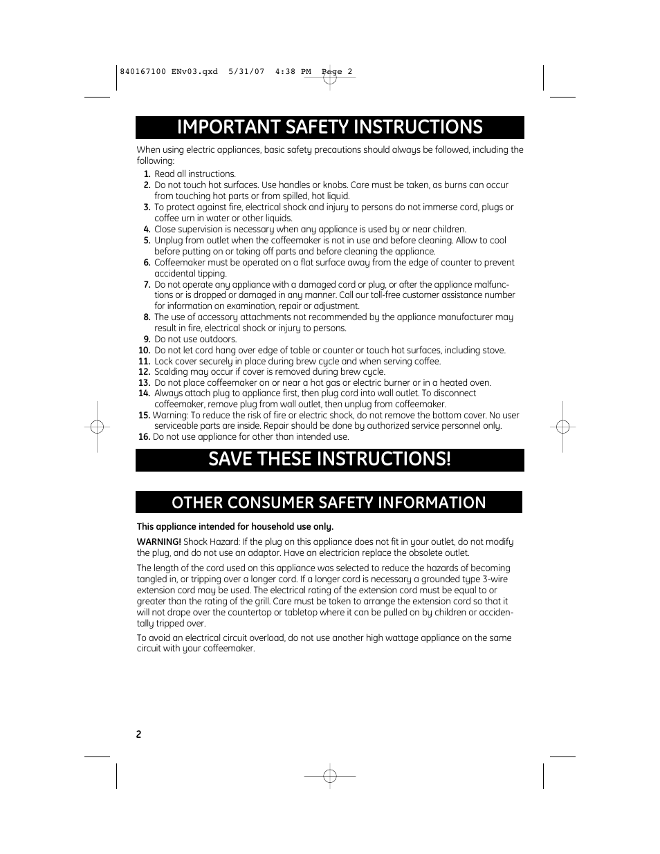 Other consumer safety information | GE 169161 User Manual | Page 2 / 6