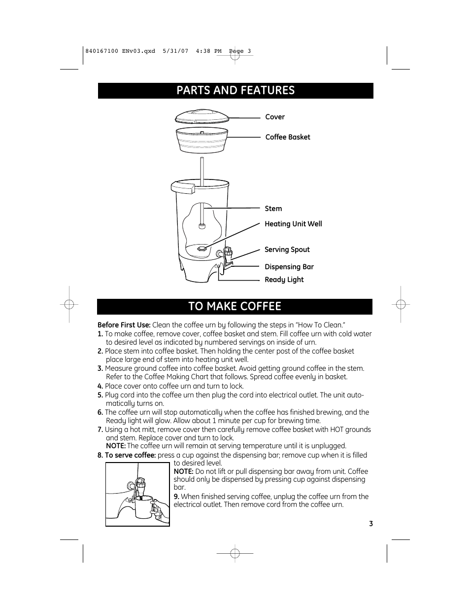 Parts and features to make coffee | GE 169161 User Manual | Page 3 / 6