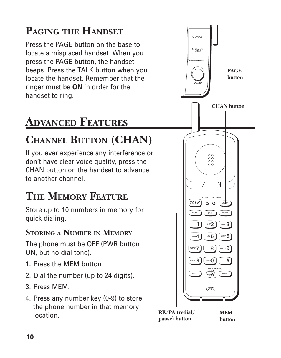 Paging the handset, Advanced features, Channel button (chan) | The memory feature, Storing a number in memory, Chan), Dvanced, Eatures, Aging, Andset | GE 2-9921 User Manual | Page 10 / 22