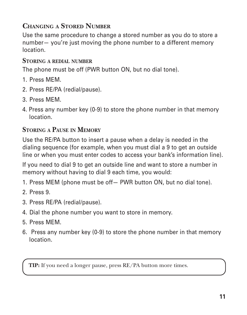 Changing a stored number, Storing a redial number, Storing a pause in memory | GE 2-9921 User Manual | Page 11 / 22