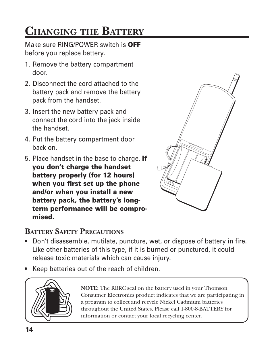 Changing the battery, Battery safety precautions, Hanging | Attery | GE 2-9921 User Manual | Page 14 / 22