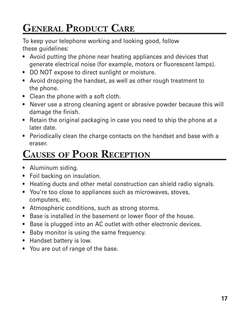 General product care, Causes of poor reception | GE 2-9921 User Manual | Page 17 / 22