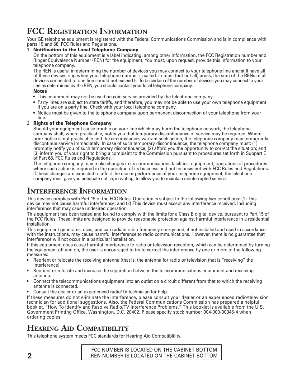 Fcc registration information, Interference information, Hearing aid compatibility | Fcc r | GE 2-9921 User Manual | Page 2 / 22