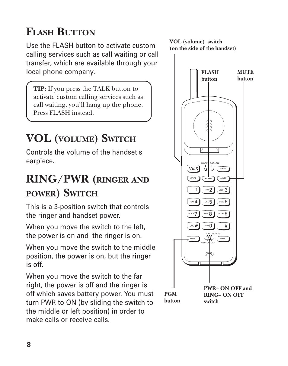 Flash button, Vol (volume) switch, Ring/pwr (ringer and power) switch | Ring/pwr, Lash, Utton, Volume, Witch, Ringer, And power | GE 2-9921 User Manual | Page 8 / 22