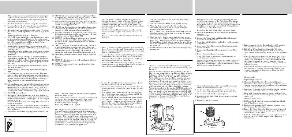 Features - operation, How cool mist works, Pre-operating instructions | Operating instructions, Filter monitor, Replacing the wick filter, Cleaning and maintenance instructions, Storage instructions, Figure 2, Filling the water tank | GE 106763 User Manual | Page 3 / 6