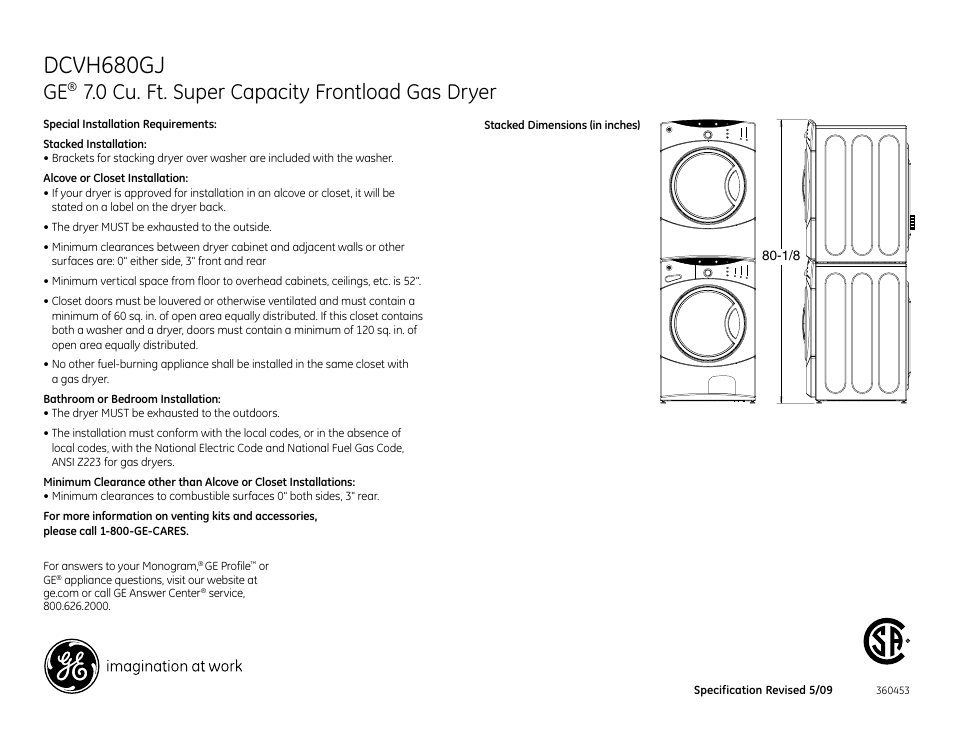 Dcvh680gj, 0 cu. ft. super capacity frontload gas dryer | GE DCVH680GJMR User Manual | Page 2 / 4