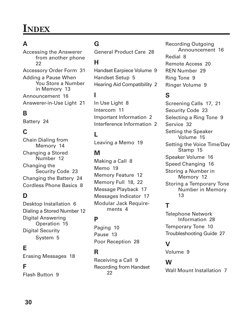 Ndex | GE 2-920SST User Manual | Page 30 / 32
