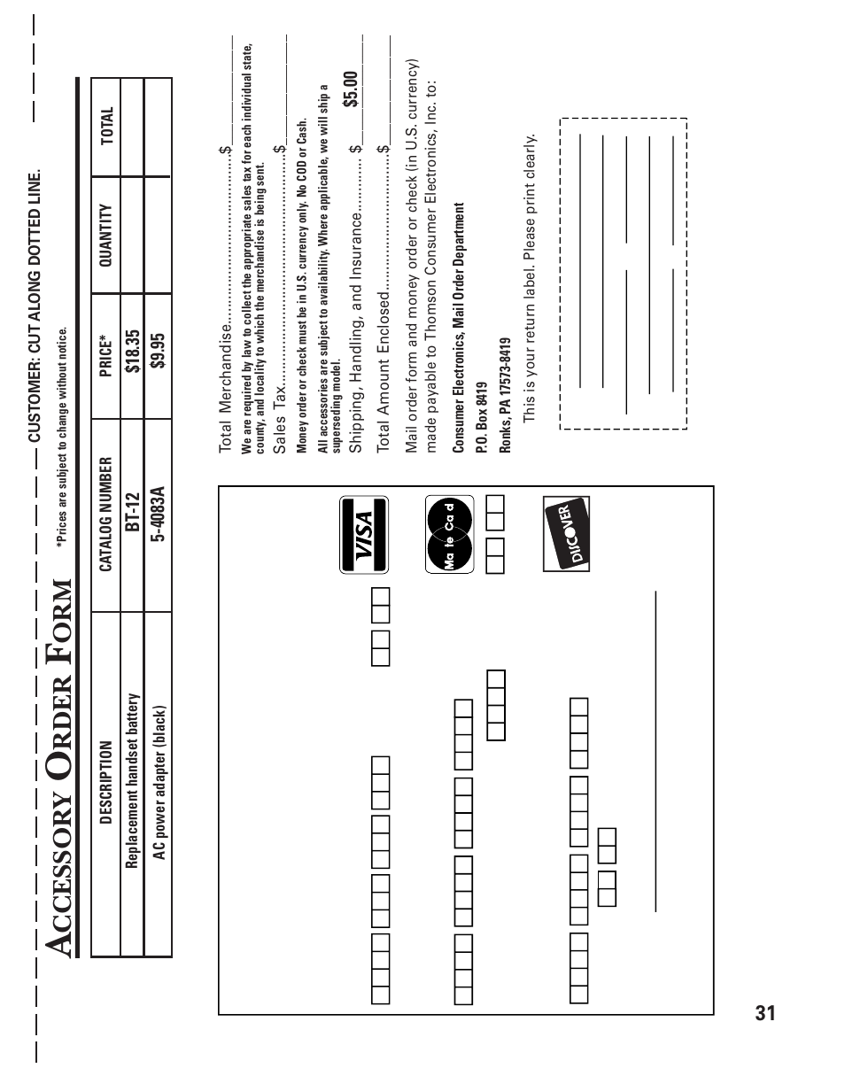 Ccessor y, Rder, Bt -12 | GE 2-920SST User Manual | Page 31 / 32