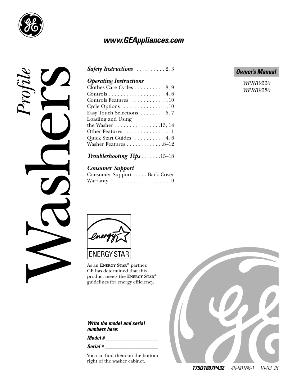 GE WPRB9250 User Manual | 20 pages