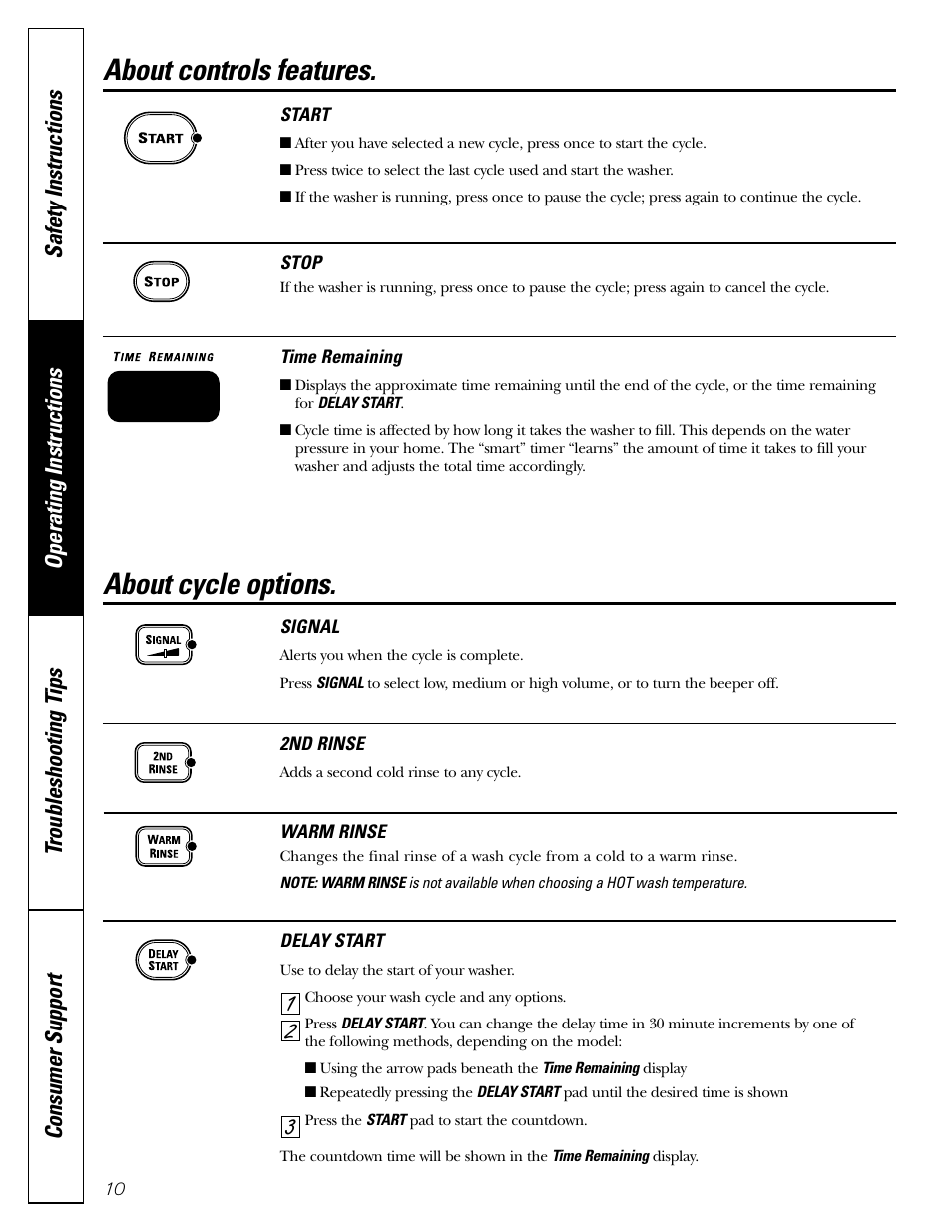 Controls features, Cycle options, Controls features cycle options | About controls features, About cycle options | GE WPRB9250 User Manual | Page 10 / 20