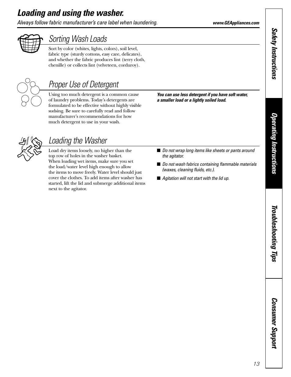 Loading and using the washer, Loading and using the washer , 14, Sorting wash loads | Proper use of detergent, Loading the washer | GE WPRB9250 User Manual | Page 13 / 20