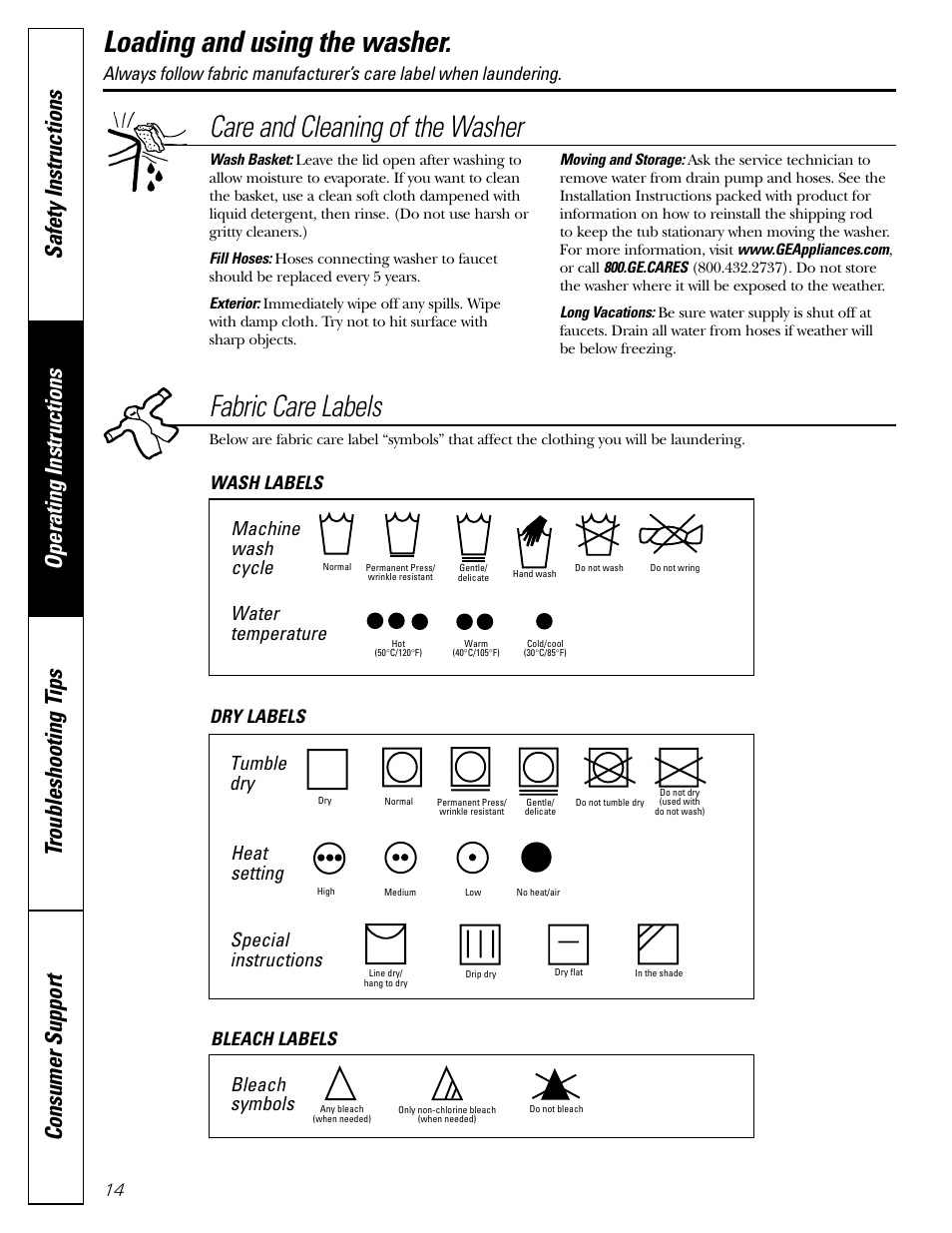 Loading and using the washer, Care and cleaning of the washer, Fabric care labels | Machine wash cycle, Water temperature, Tumble dry, Heat setting, Special instructions, Bleach symbols, Wash labels dry labels bleach labels | GE WPRB9250 User Manual | Page 14 / 20