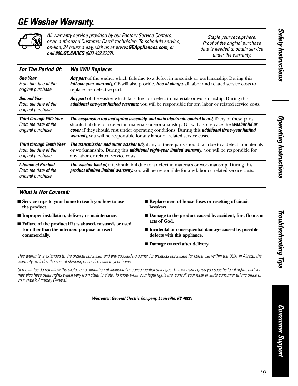 Warranty, Ge washer warranty | GE WPRB9250 User Manual | Page 19 / 20