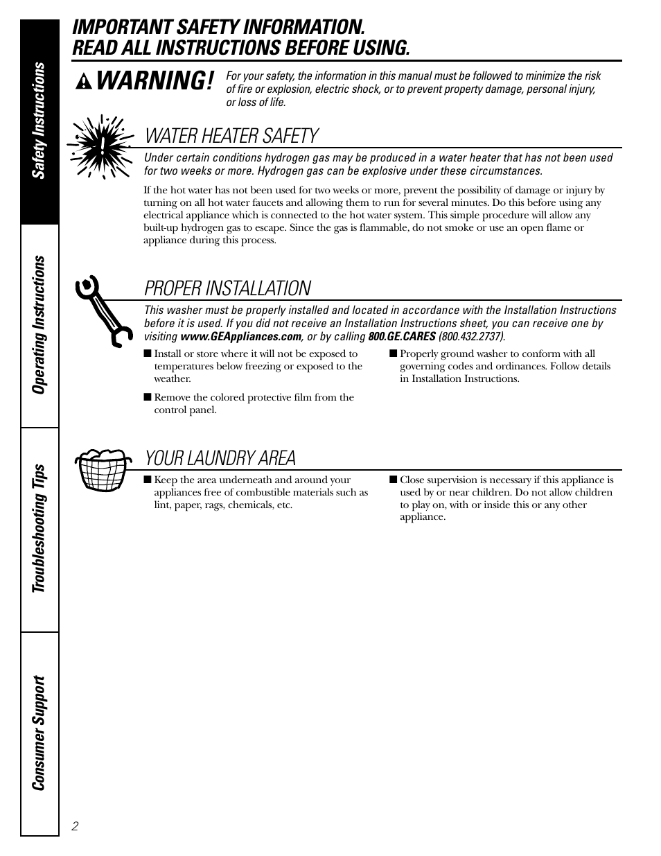 Safety instructions, Warning, Water heater safety | Proper installation, Your laundry area | GE WPRB9250 User Manual | Page 2 / 20