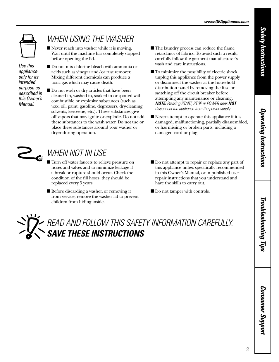 When using the washer, When not in use | GE WPRB9250 User Manual | Page 3 / 20